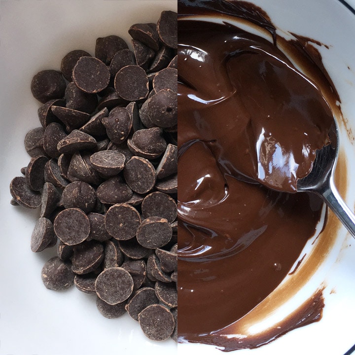 Dark brown chocolate chips in a white bowl, melted brown chocolate in a white bowl with a spoon.
