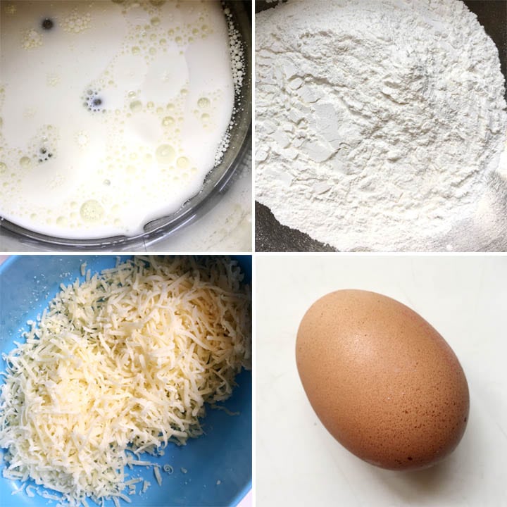 Milk and oil in a pot, flour, grated cheese, and an egg for making mochi balls