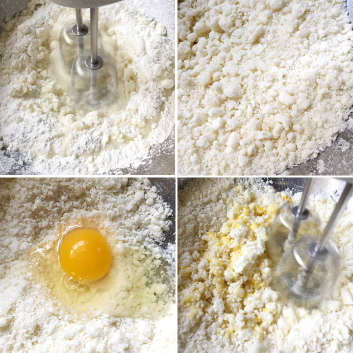 A mixer beating together dry ingredients and an egg for making mochi balls