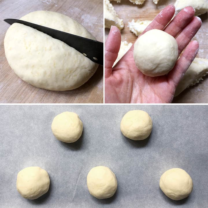 Cutting a large dough ball, shaping into smaller balls, and placing them on a baking pan