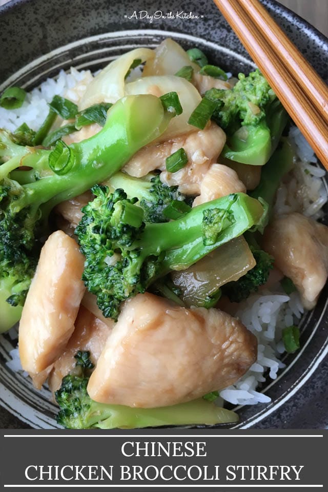 Close-up of round bowl containing white rice, green broccoli, yellow chicken pieces, the words Chinese Chicken Broccoli Stirfry