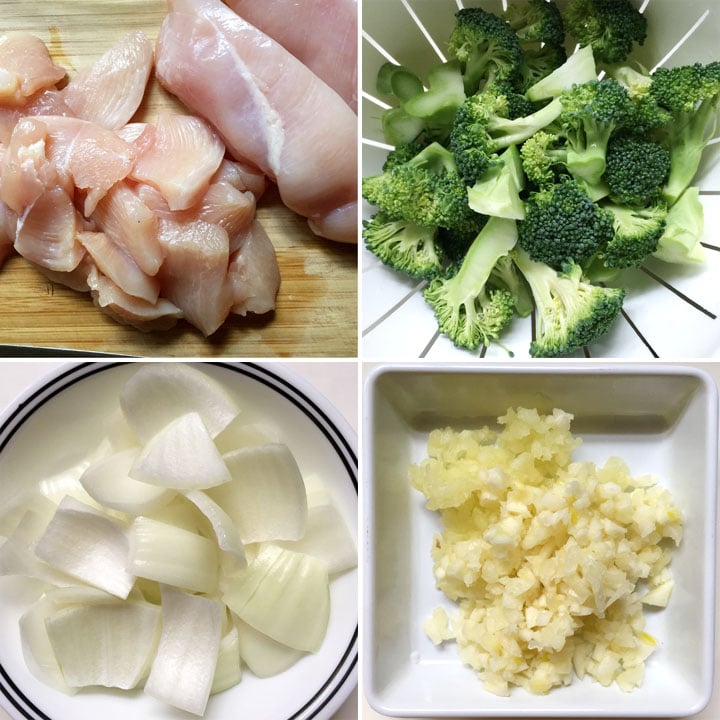 Four pictures: cut-up raw chicken cut-up green broccoli in a white colander, cut-up white onions, minced garlic and ginger