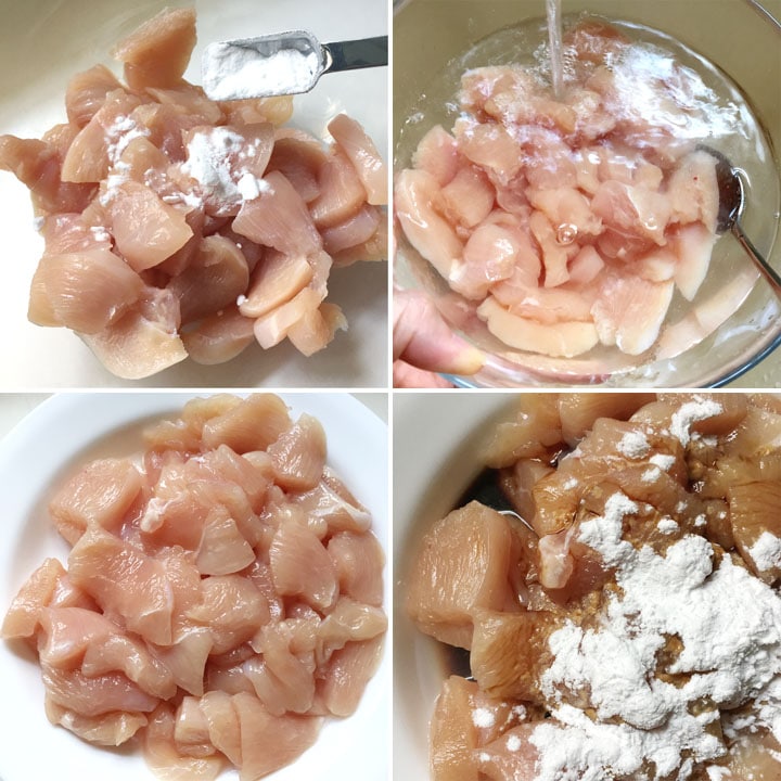 Four pictures: raw chicken pieces mixed with white baking soda, chicken pieces being rinsed in water, a plate of rinsed chicken pieces, raw chicken pieces mixed with sauces and seasonings