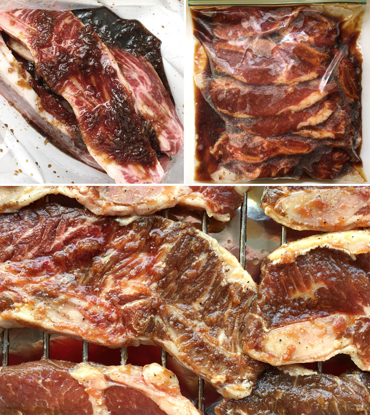 Collage of raw meat with brown marinade in a sealed bag, raw beef short ribs on a grill on a pan