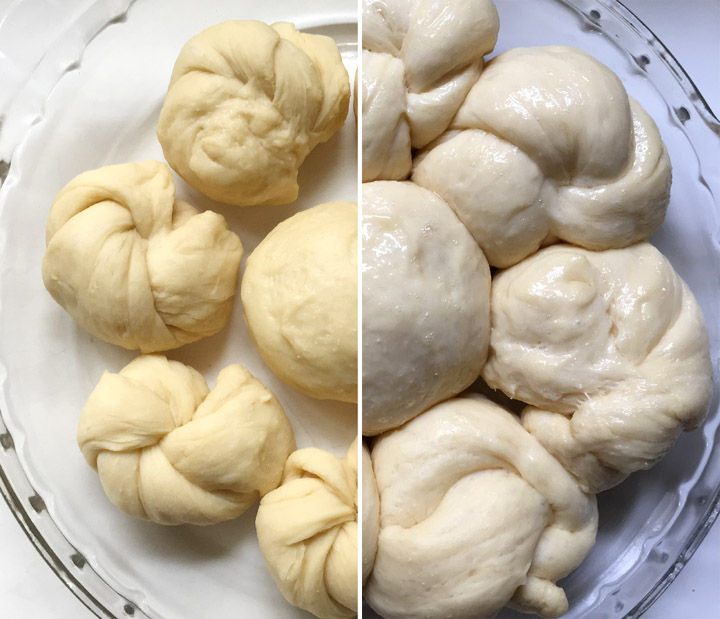 Bread rolls in a round glass dish, before and after rising time
