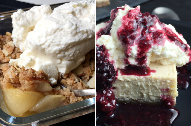 White whipped cream on an apple crumble, white whipped cream and berry sauce on cheesecake