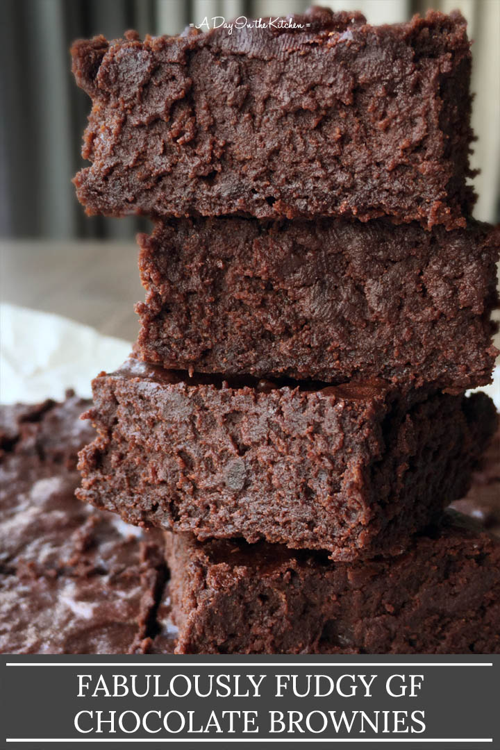 A stack of four brownies, the words fabulously fudgy gf chocolate brownies on the bottom