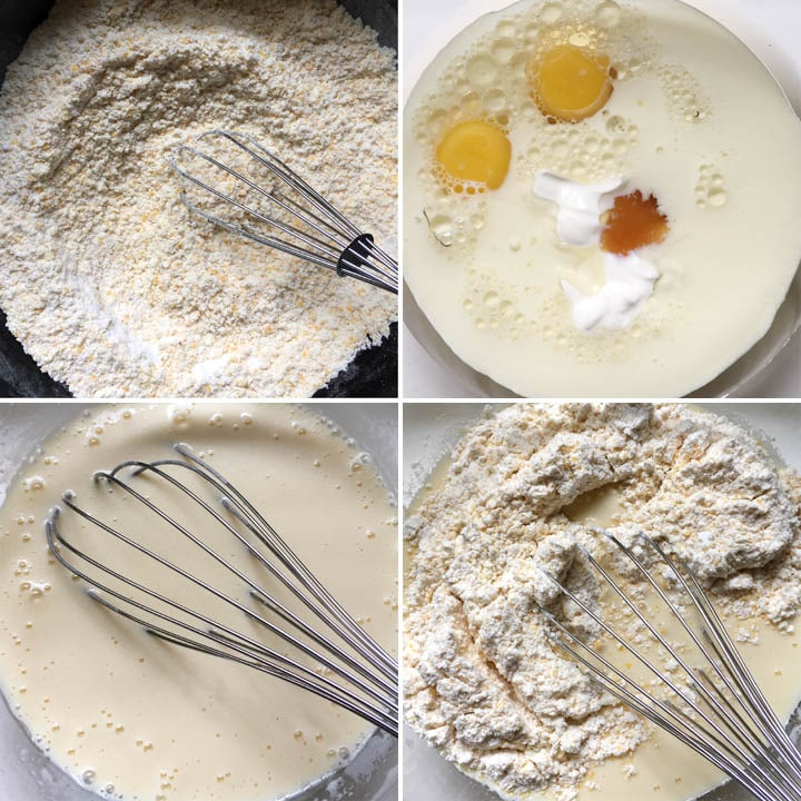 Collage of 4 images: cornmeal and dry ingredients in a bowl with a whisk, a bowl containing white liquid, 2 eggs, brown honey, and white yogurt, a bowl containing a light yellow liquid and a whisk, a whisk mixing dry and wet ingredients in a bowl