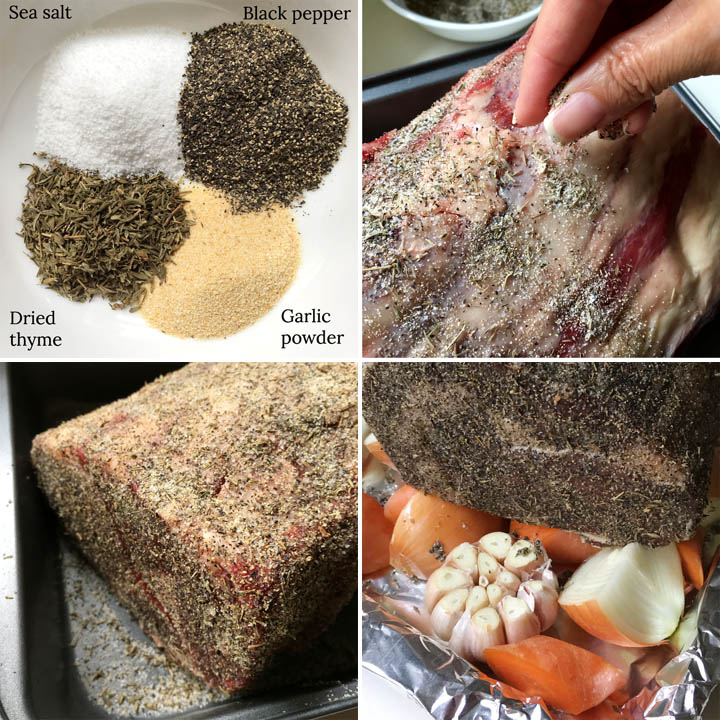 A collage: spices in a white bowl, a hand sprinkling spices on a raw roast, a beef roast covered in spices in a baking pan, a spice-covered roast on a bed of onions, garlic, and carrots