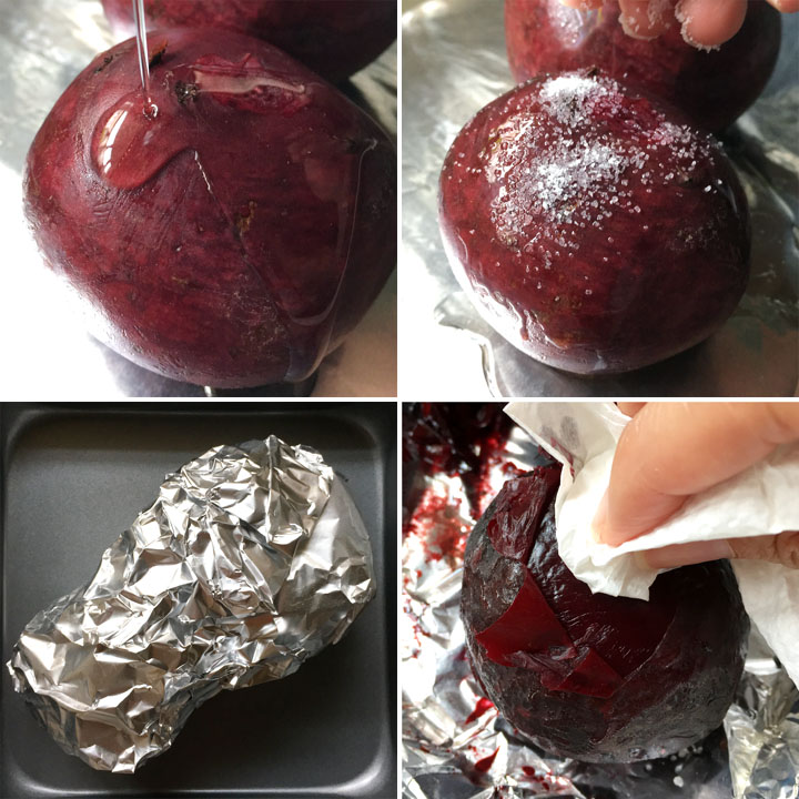 Drizzling oil and sprinkle white salt on raw beets, foil wrapped beets on a pan, rubbing the skin off beets with a paper towel