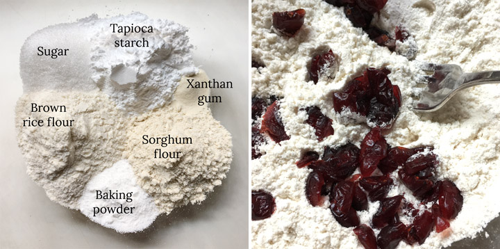 Two photos: dry ingredients in a bowl, dried red cranberries in flour