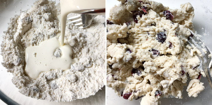Two photos: cream being poured into a a bowl containing dry flours, a fork and dough with dried cranberries in bowl