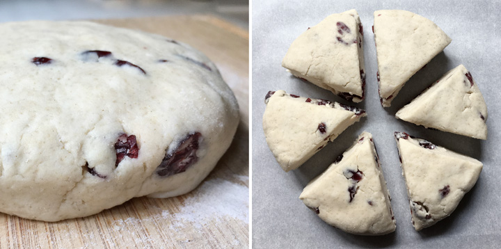 A disc of cranberry scones dough on a wooden cutting board, 6 wedges of cranberry scones on parchment paper