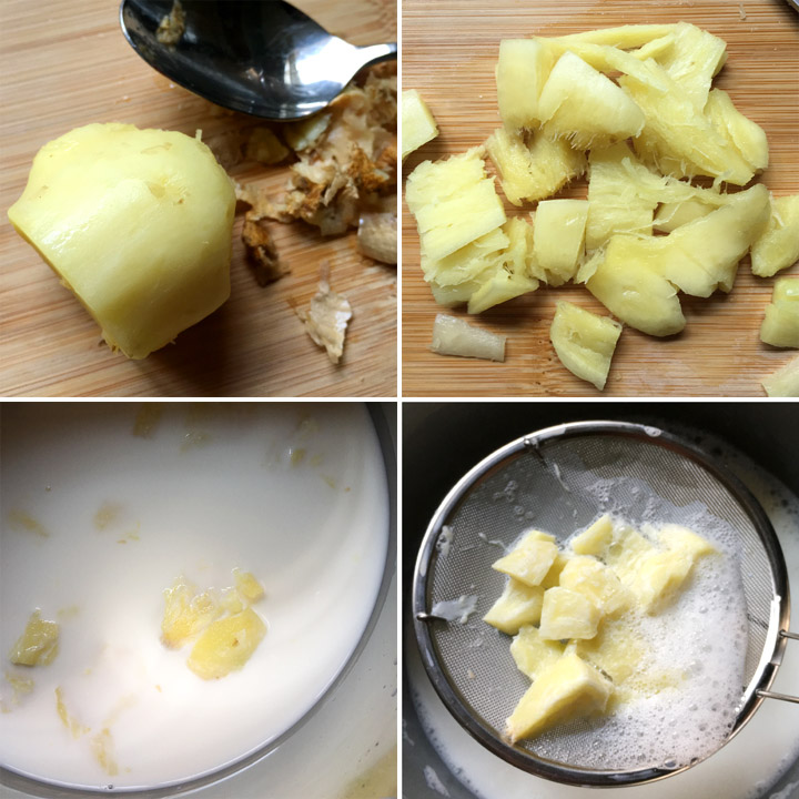 Collage of peeled ginger, crushed ginger, ginger in milk, and a strainer removing ginger from milk