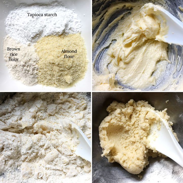 Collage: a bowl of flour ingredients, creamed butter in a bowl, a white spoon mixing dry ingredients and butter, a yellow cookie dough