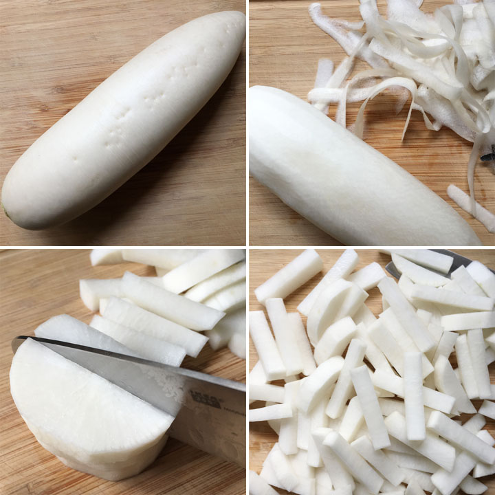 Collage: white radish, peeled and cut into chunks on a wood cutting board
