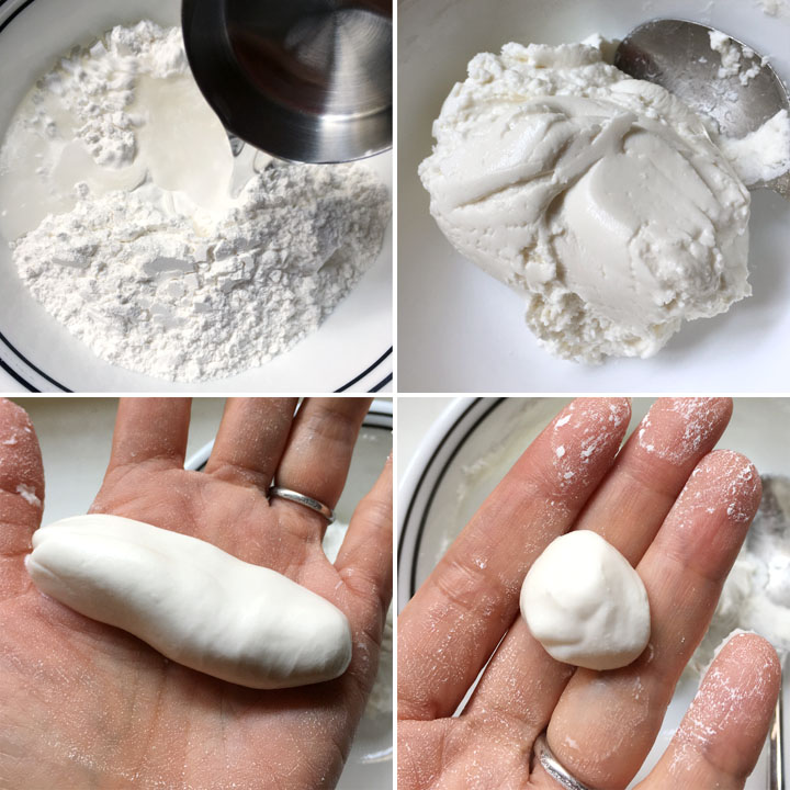 Collage: water being added to white flour to make a dough, the dough being shaped into a log and then broken into small chunks