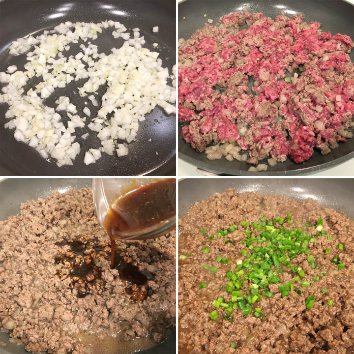 Diced onions in a frying pan, ground beef and sauce and chopped green onions being added to the pan