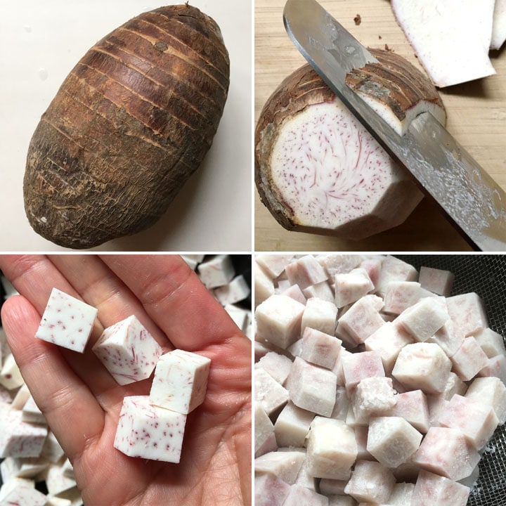 Peeling and cutting a taro root into cubes