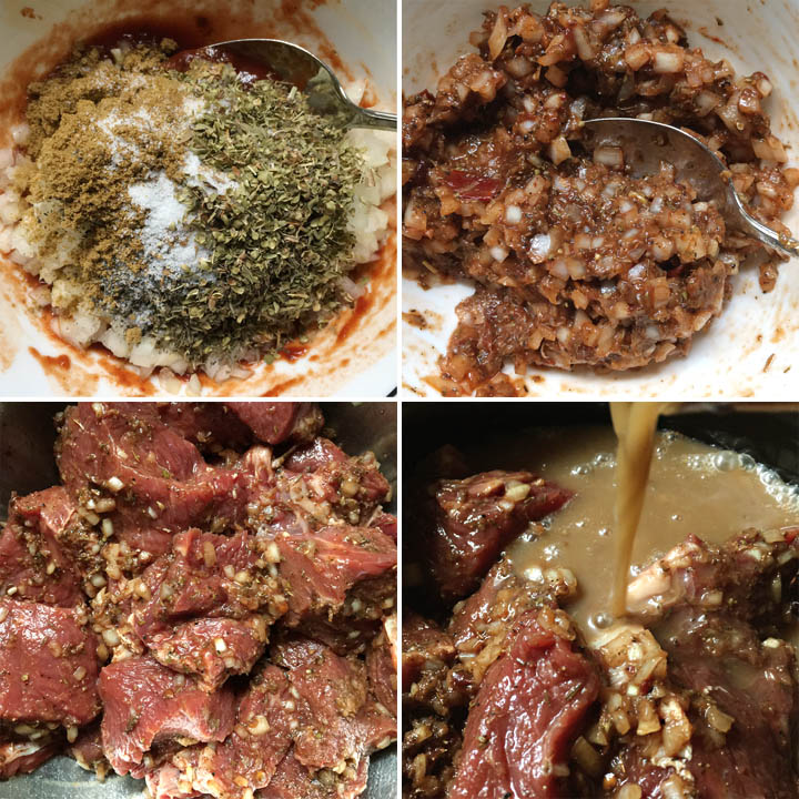 Spices mixed with chipotle peppers, onion, and garlic, mixed with meat chunks, brown liquid being added to the meat