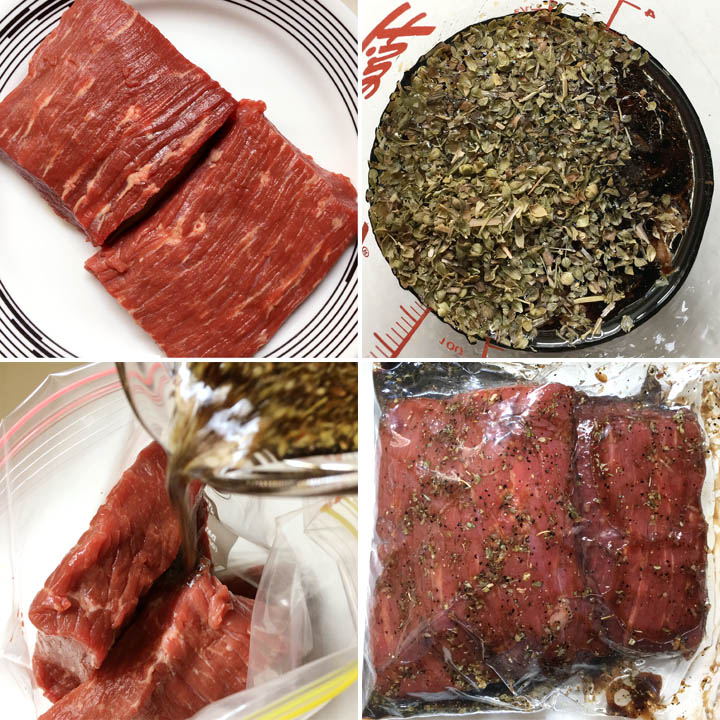 Marinating two slabs of raw beef with a dark sauce marinade in a sealed bag