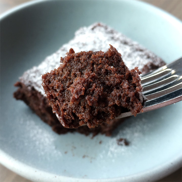 Closeup of chocolate cake on a fork