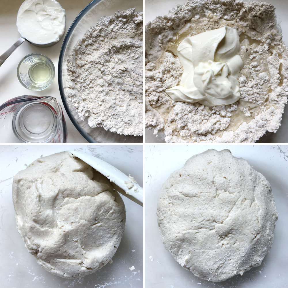 Dry white ingredients, white yogurt, light oil, and water, mixed together to form a dough