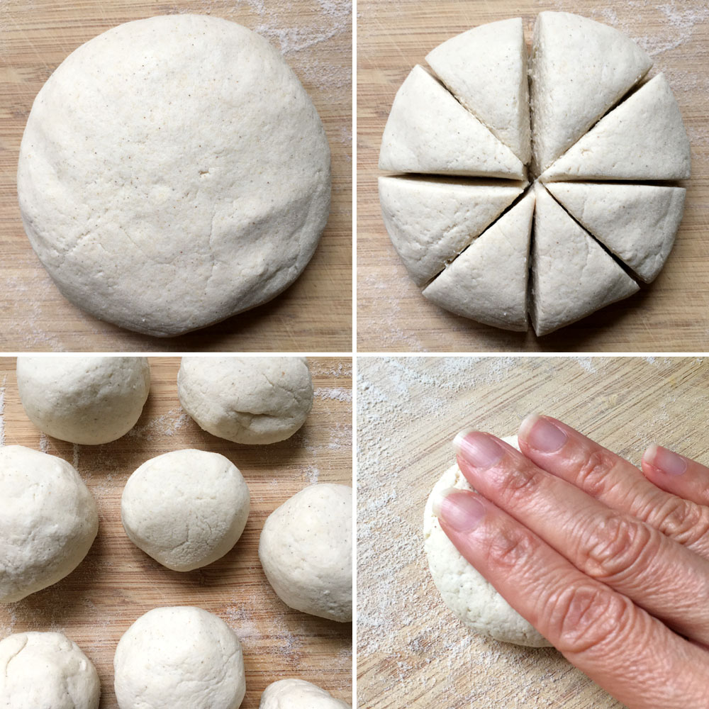 A round ball of off-white dough, cut into 8 wedges, rolled into circles, and a hand pressing down on a dough ball to flatten