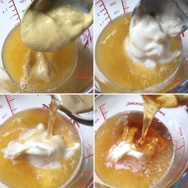 Orange juice, yellow mustard, white mayonnaise, honey, and apple cider vinegar in a measuring cup