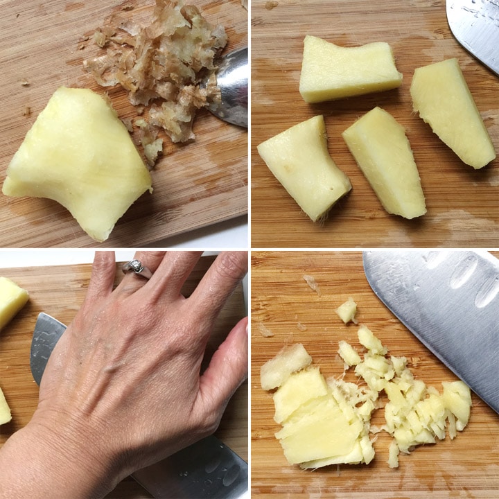 A peeled knob of yellow ginger, ginger pieces, a hand pushing down on the side of a knife, minced ginger on a cutting board