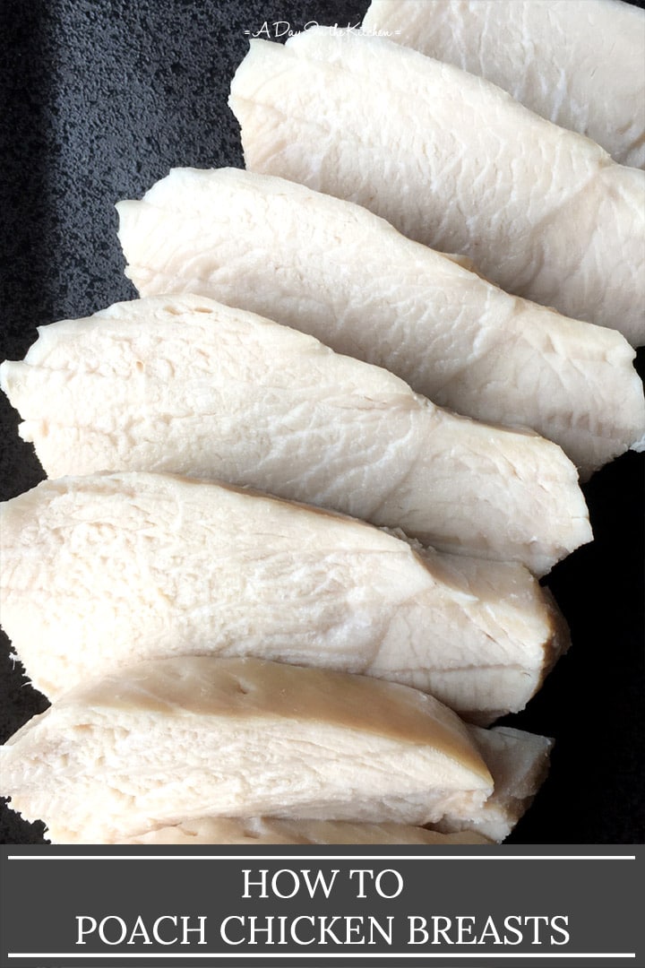 Slices of white chicken meat on a black plate, the words how to poach chicken breasts on the bottom