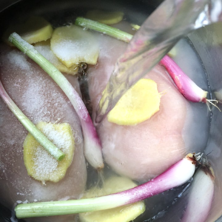 Water being poured into a pot containing chicken breasts, slices of ginger, scallions, and salt