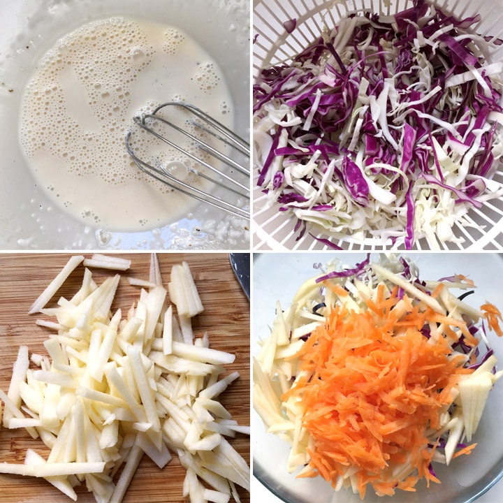 An off-white liquid in a bowl with a whisk, shredded purple and green cabbage in a basket, julienned apple, shredded carrots