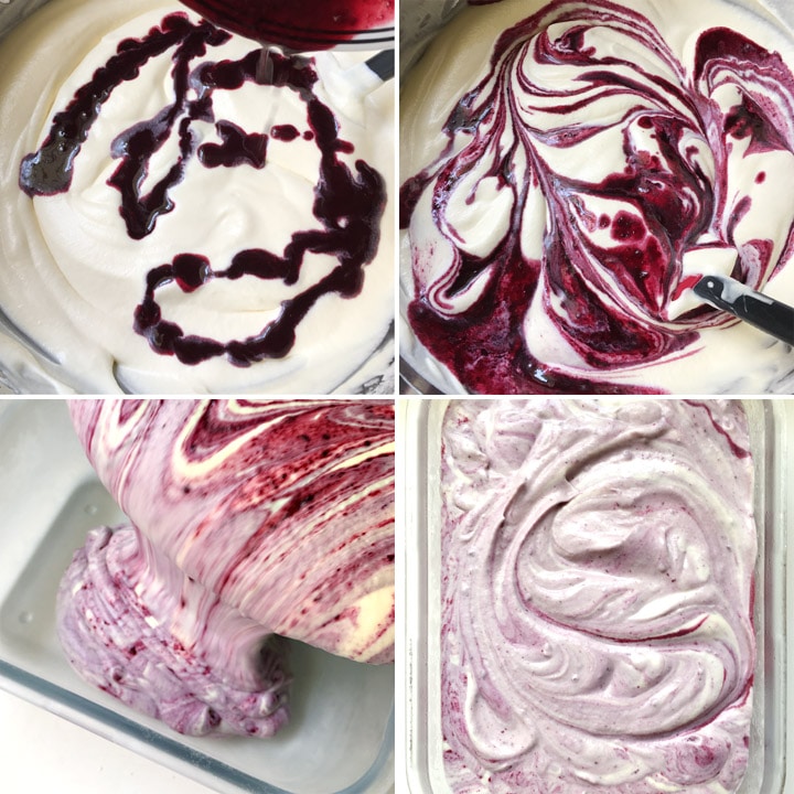 Berry sauce drizzled and swirled into a white cream, the mixture being poured into a glass container