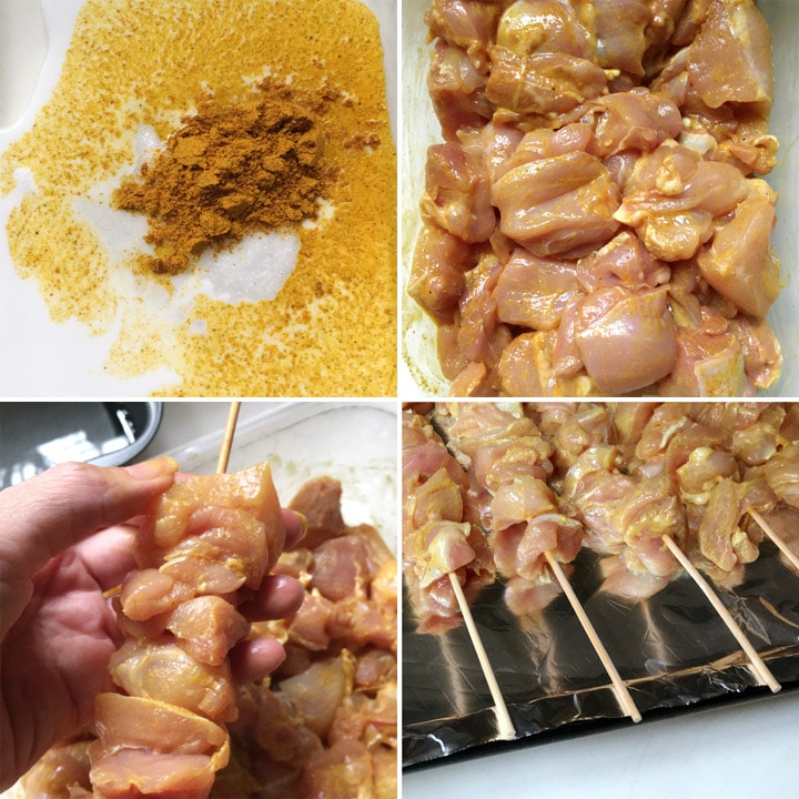 Chicken chunks mixed with an orange marinade, chicken chunks being threaded onto a wooden skewer, chicken skewers on a baking sheet