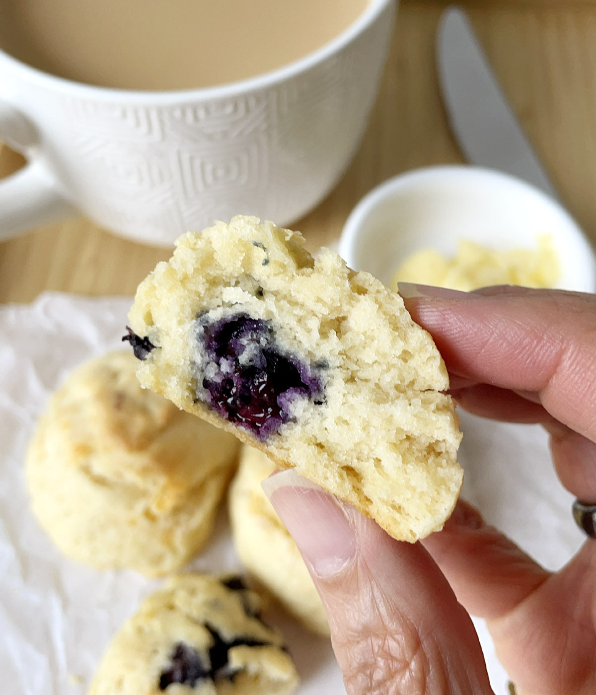 A hand holding a piece of blueberry tea scone.