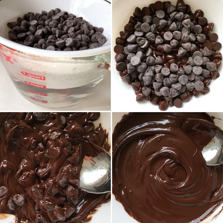 Melting chocolate chips in a white bowl over a measuring cup filled with water