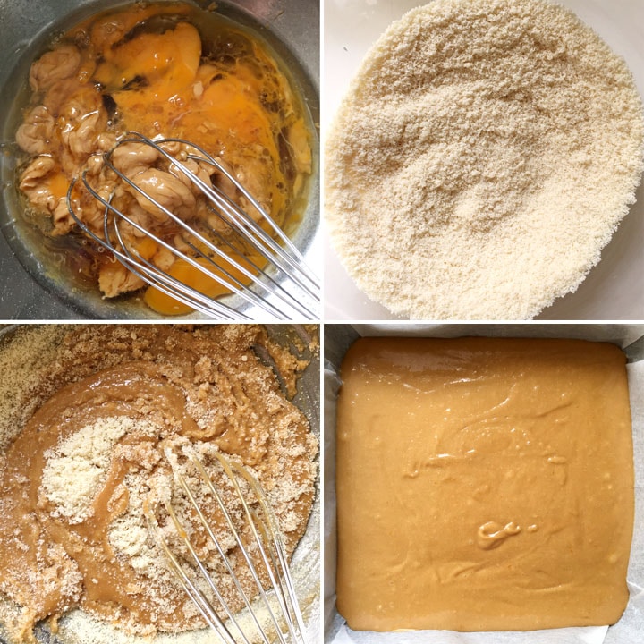 Wet ingredients being whisked together in a bowl, dry flours being mixed into the wet ingredients, orange batter in a square pan
