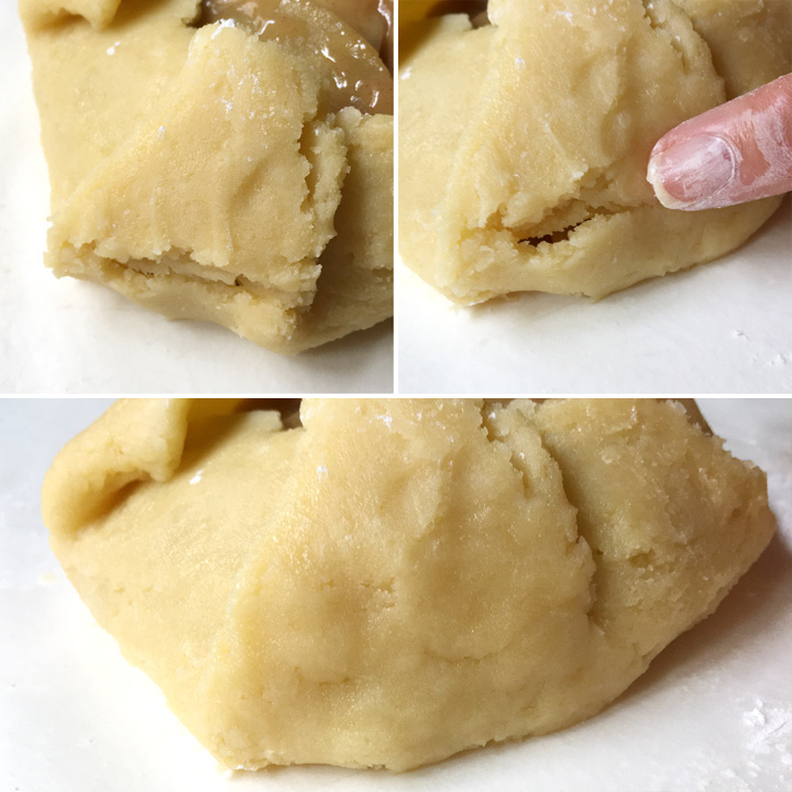 Cracks in yellow dough being repaired by fingers pressing the dough together