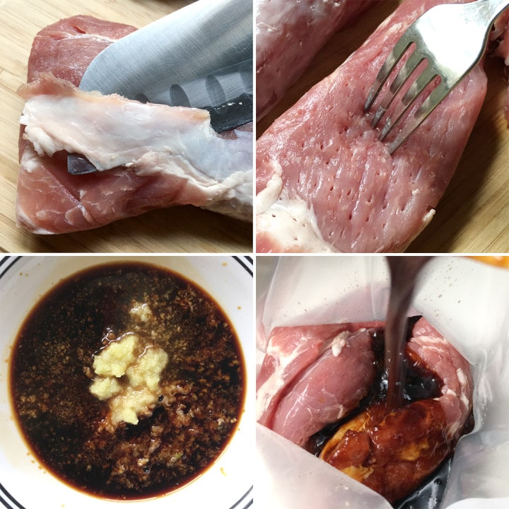 Raw pink meat being trimmed of white fat with a knife, poked with a fork, and mixed with a dark sauce in a bag