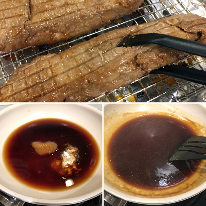 Brown meat being flipped over with black tongs, brown liquid cooking in a small round pan
