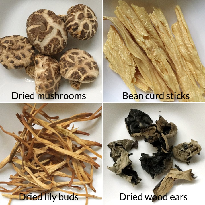 Brown dried mushrooms, yellow dried bean curd sticks, brown dried lily buds, black dried fungus