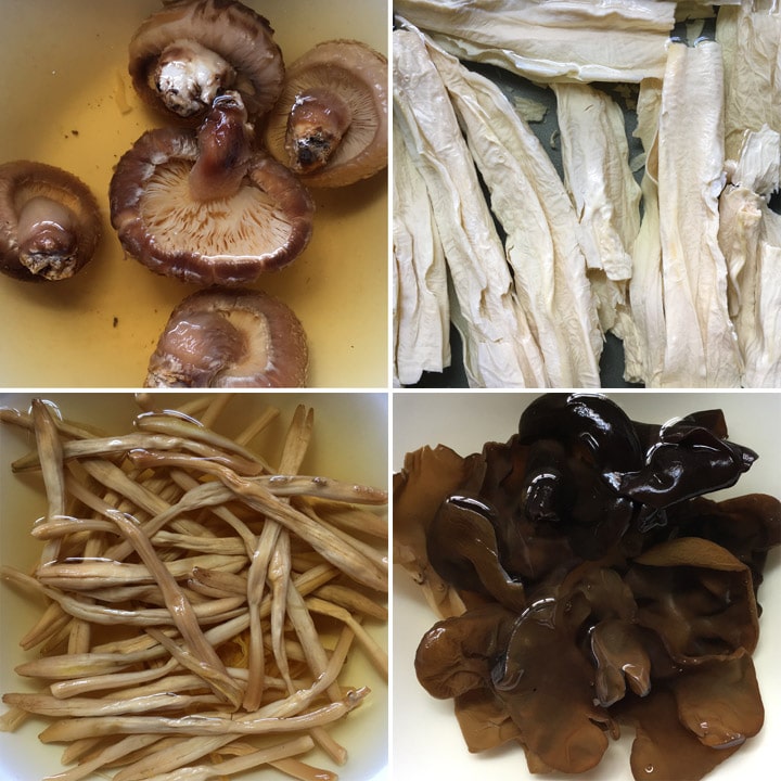 Rehydrated mushrooms, bean curd sticks, lily buds, and wood ears, all in water