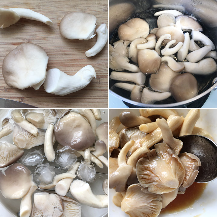 Chopping, boiling, cooling and marinating beige mushrooms
