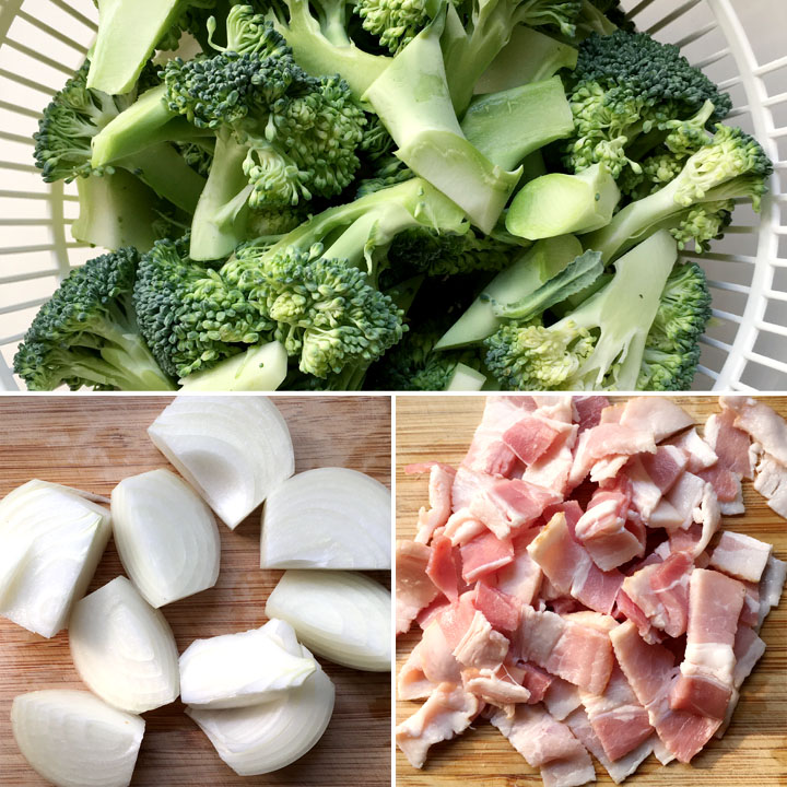 Chopped raw broccoli in a basket, an onion cut into chunks, raw bacon cut into small pieces