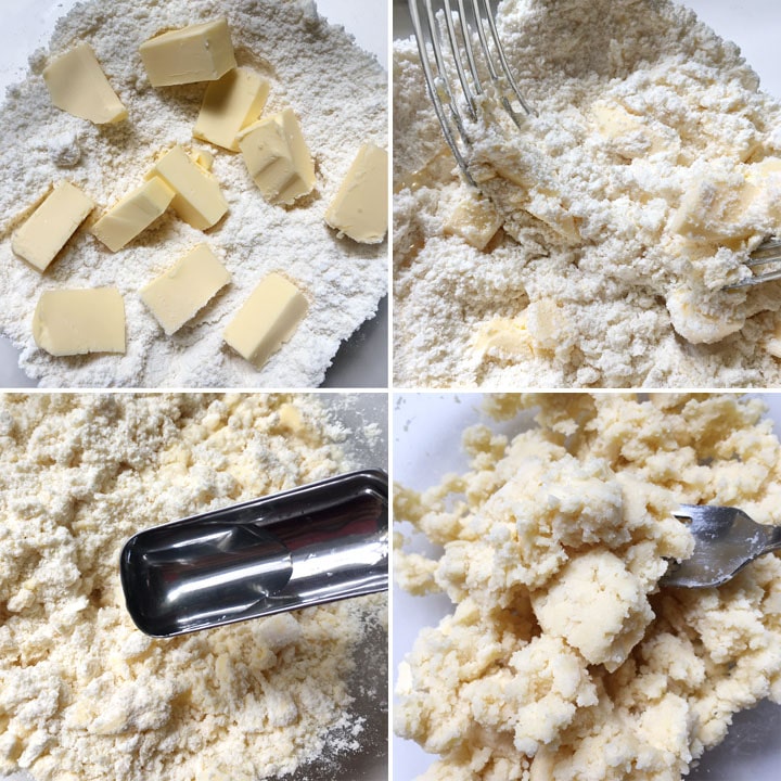 Mixing white flour and yellow butter chunks and water to create a dough