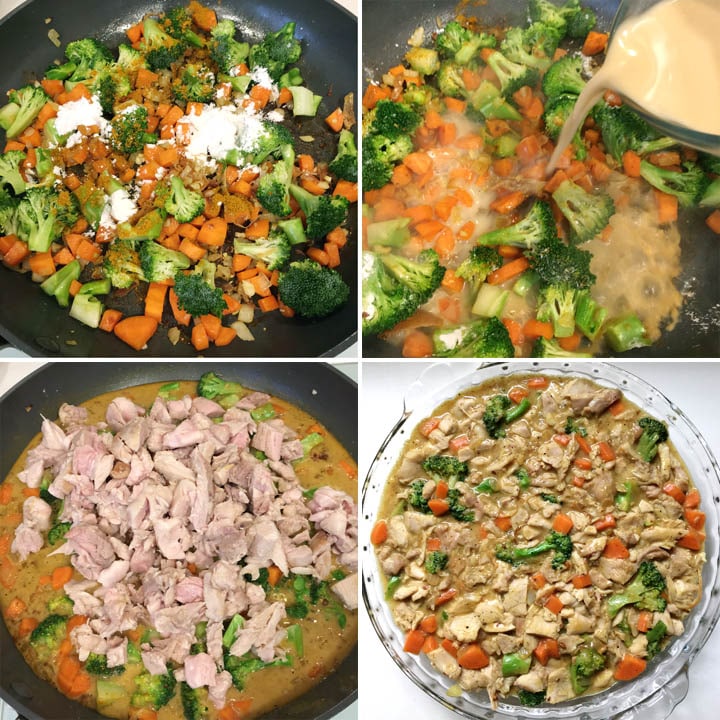 Green broccoli, orange carrots and white powder in a round frying pan, liquid and chicken being added to the pan, a round dish containing chicken and vegetables