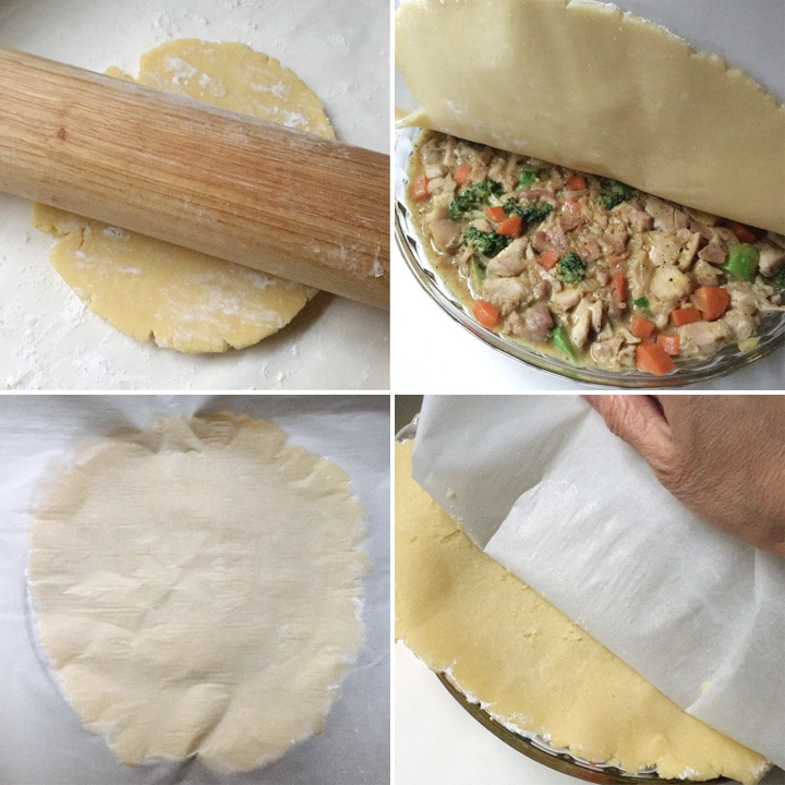 Rolling out pie crust and laying it over a round dish filled with chicken and vegetables