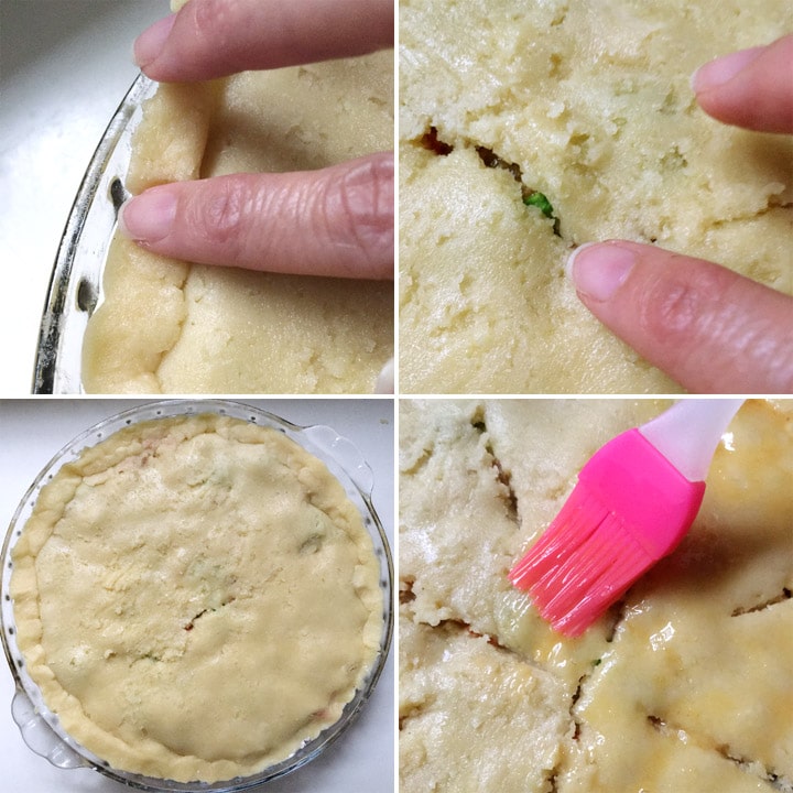 Fitting pie crust dough into a round dish, brushing egg wash on the crust