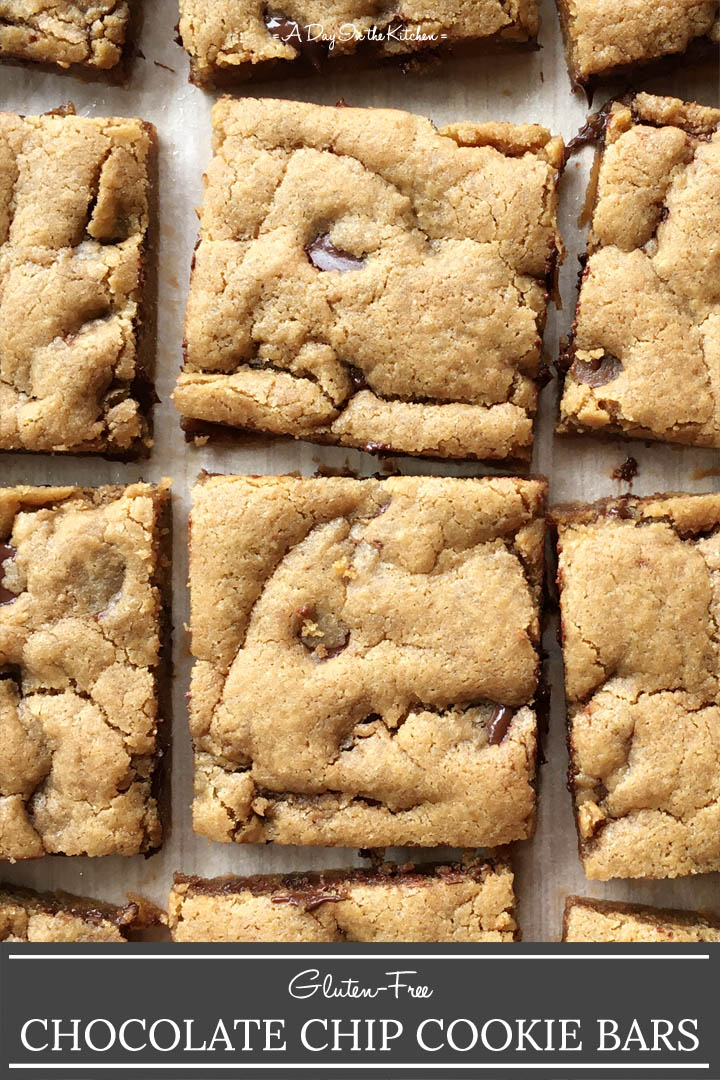 Square cookie bars on a cutting board, the words gluten-free chocolate chip cookie bars on the bottom.